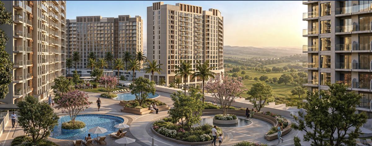 Courtyard pools and landscaped gardens between the towers at Riverfront Residences