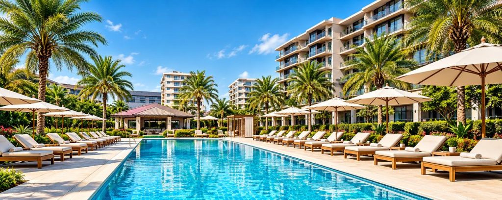 Swimming pool and landscaped gardens at Riverfront Residences, CBD Abuja